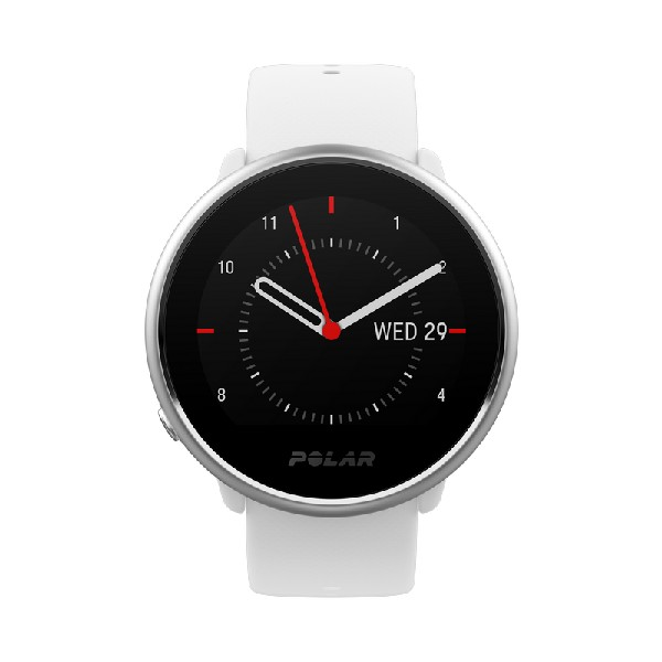 Reloj inteligente Polar blanco con pantalla negra que muestra la hora y la fecha.
