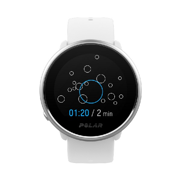 Reloj inteligente blanco con pantalla negra mostrando datos, con correa blanca. Logo Polar.