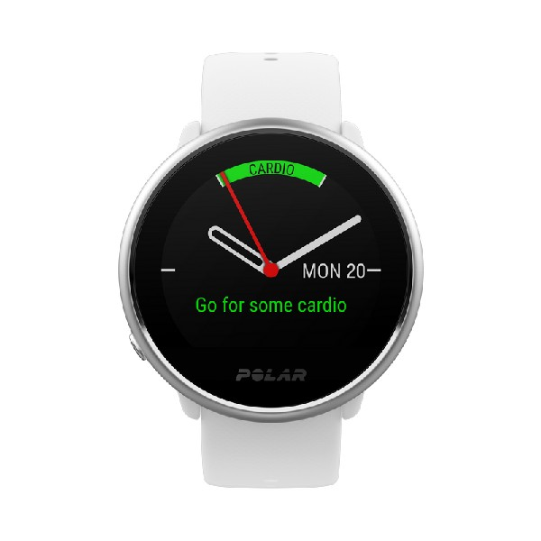Smartwatch blanca con pantalla negra que muestra el estado cardio y una flecha roja.