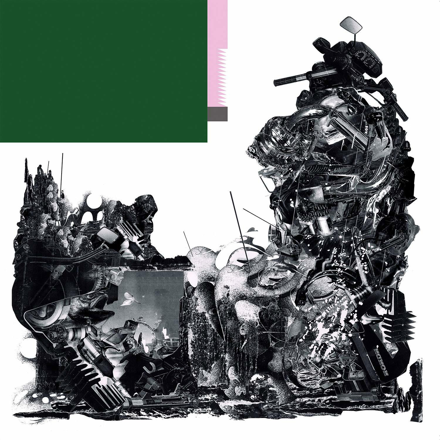 Abstrakte Kunst mit einer Schwarz-Weiß-Collage von Maschinen, mit einem grünen und rosa Block.