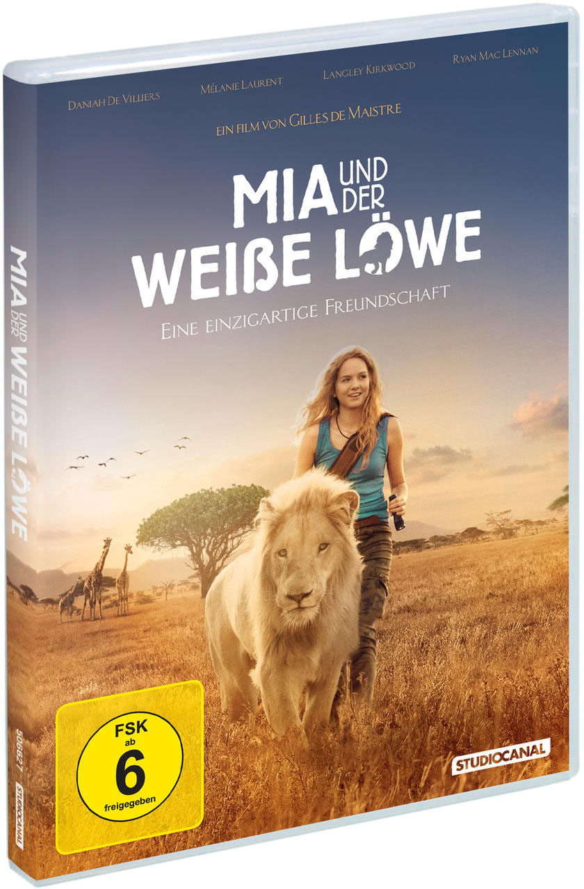 Eine DVD-Hülle eines Films mit einem Mädchen und einem weißen Löwen in der Natur.