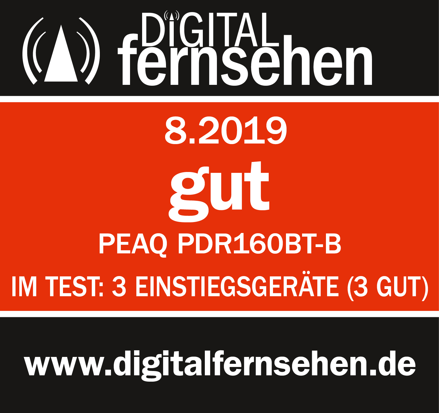 Digital Fernsehen Logo, 8.2019, 'gut', PEAQ PDR160BT-B, 3 Geräte getestet.