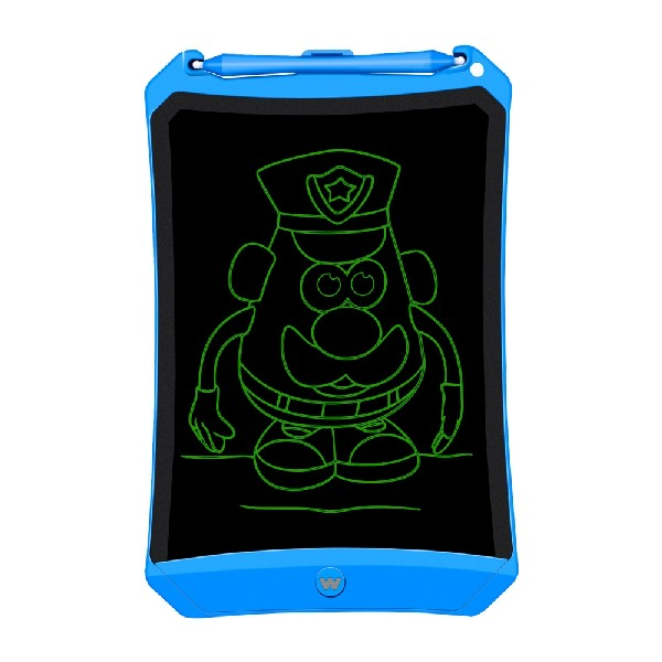 Tableta de dibujo azul con un dibujo de Mr. Potato Head en la pantalla. También incluye un bolígrafo.