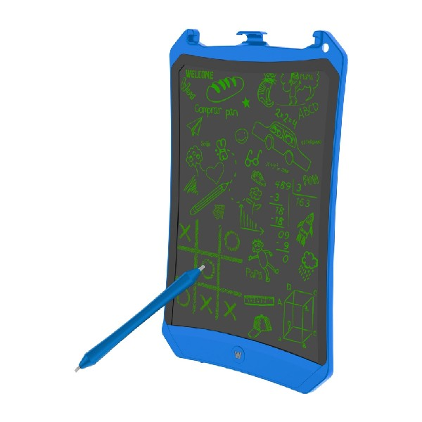 Pizarra electrónica azul con un lápiz. Dibujos verdes en la pantalla.