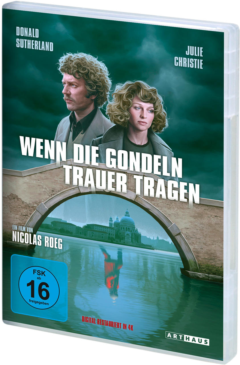 DVD-Cover, Film Wenn die Gondeln Trauer tragen. Zwei Personen auf einer Brücke. Venedig im Hintergrund. Grün und Weiß.