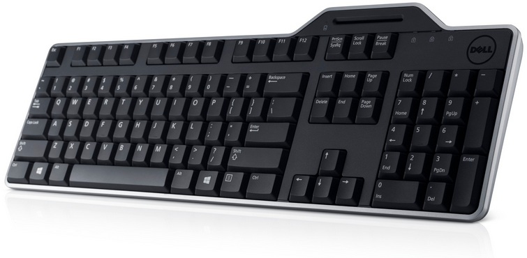 Schwarze Dell-Tastatur mit weißen Tasten. Enthält einen Ziffernblock und Funktionstasten. Dell-Logo oben rechts.