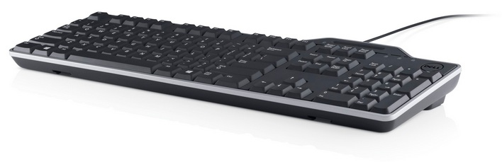 Eine schwarze Dell-Tastatur mit weißen Buchstaben und Zahlen auf den Tasten. Sie hat eine silberne Umrandung und ein schwarzes Kabel.