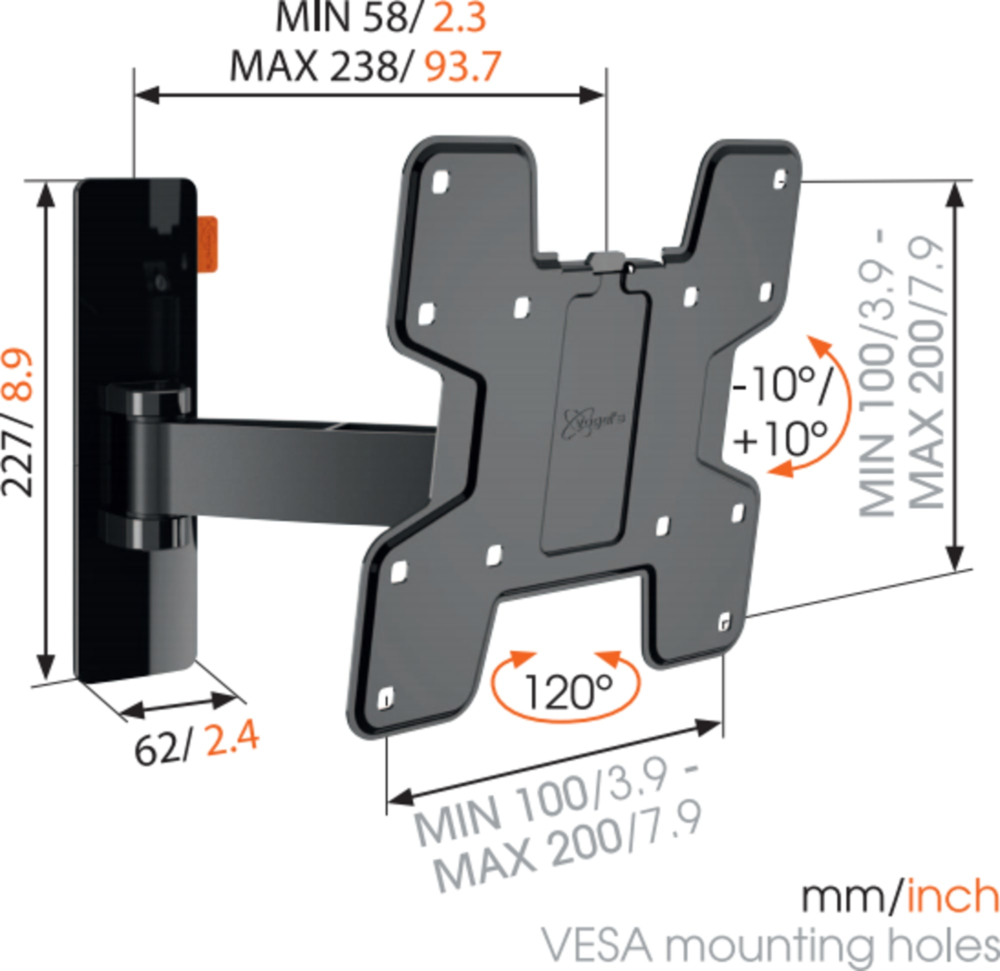VOGEL´S Vogel's WALL 3125 TV-Wandhalterung für 48-102 cm (19-40 Zoll) Fernseher, drehbar und neigbar, Wandhalterung, max. 40 Zoll, Schwenkbar, Neigbar, Schwarz
