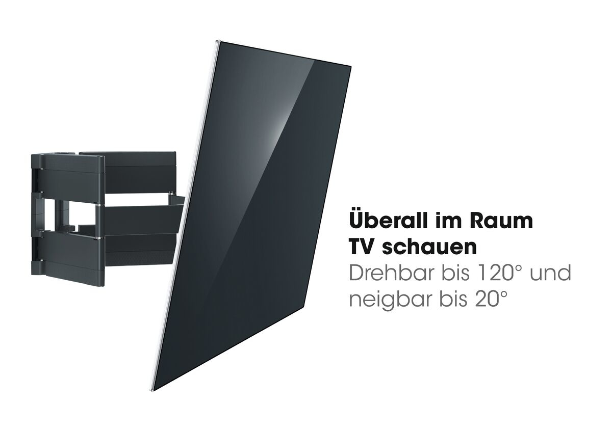 Schwarze TV-Halterung, an einer Wand montiert. Der Fernseher ist geneigt, und Text sagt: TV-Betrachtung bis 120°.