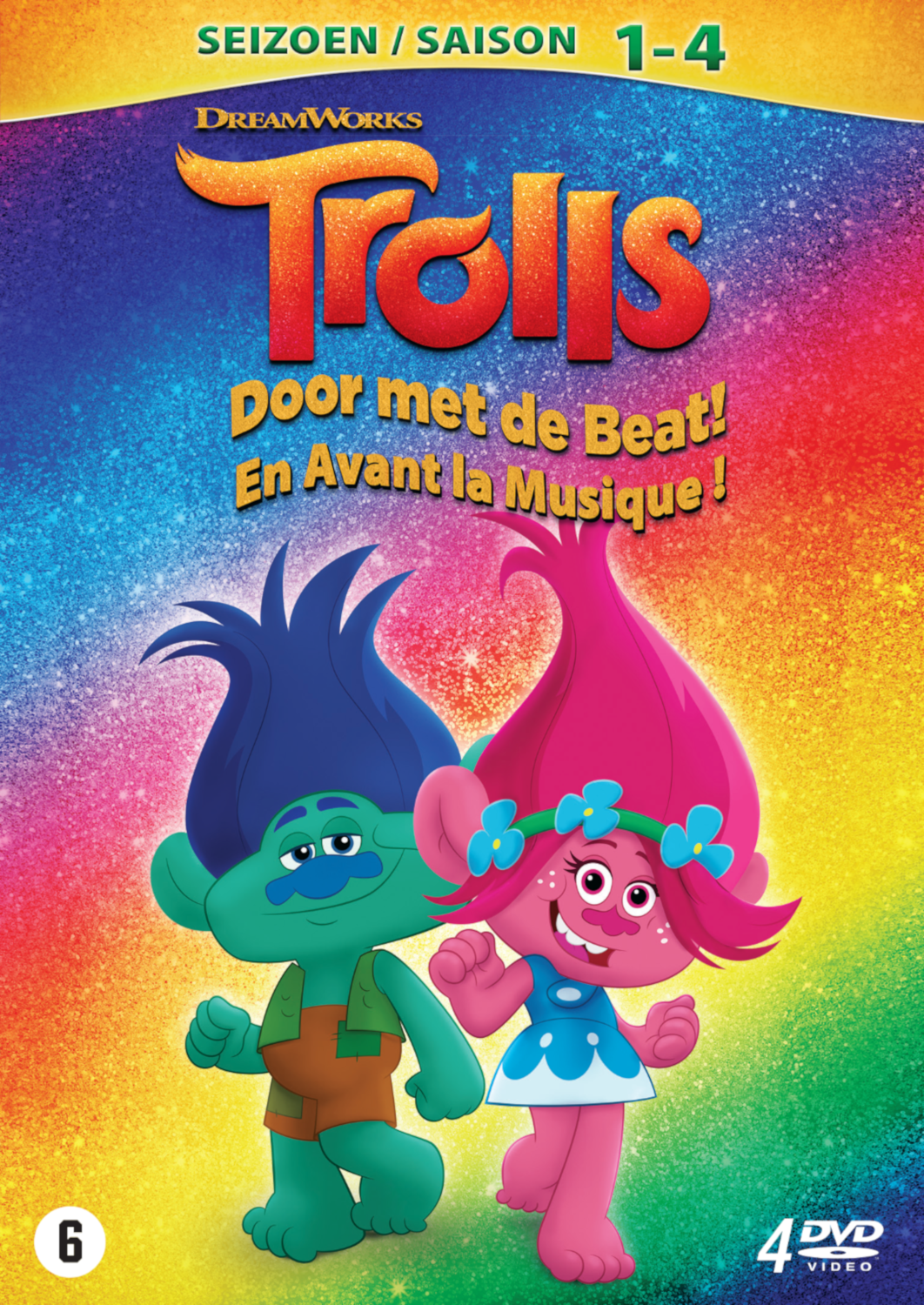 Couverture du DVD Trolls avec Poppy et Branch. Texte : Trolls, Door met de Beat!, En Avant la Musique !