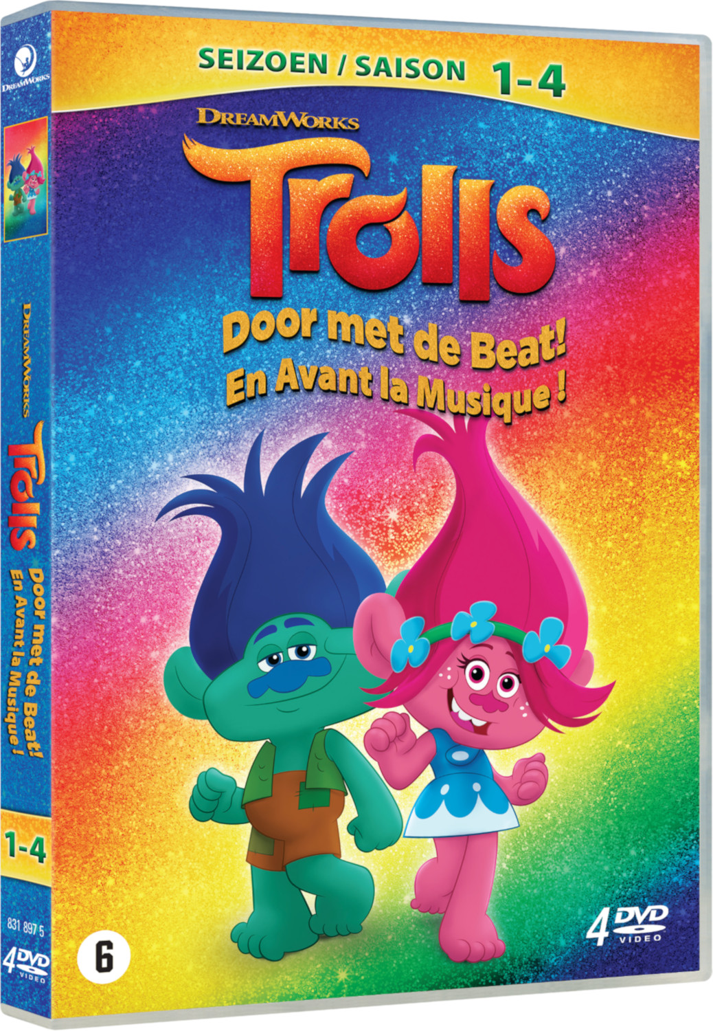 Couverture DVD du dessin animé Trolls, avec deux personnages trolls, avec un fond coloré.
