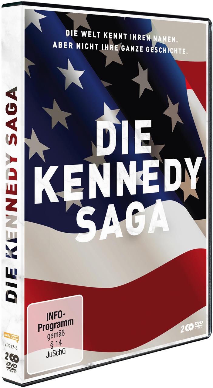 DVD-Hülle mit dem Titel 'Die Kennedy Saga' und einem Hintergrund der amerikanischen Flagge. Text auf Deutsch.