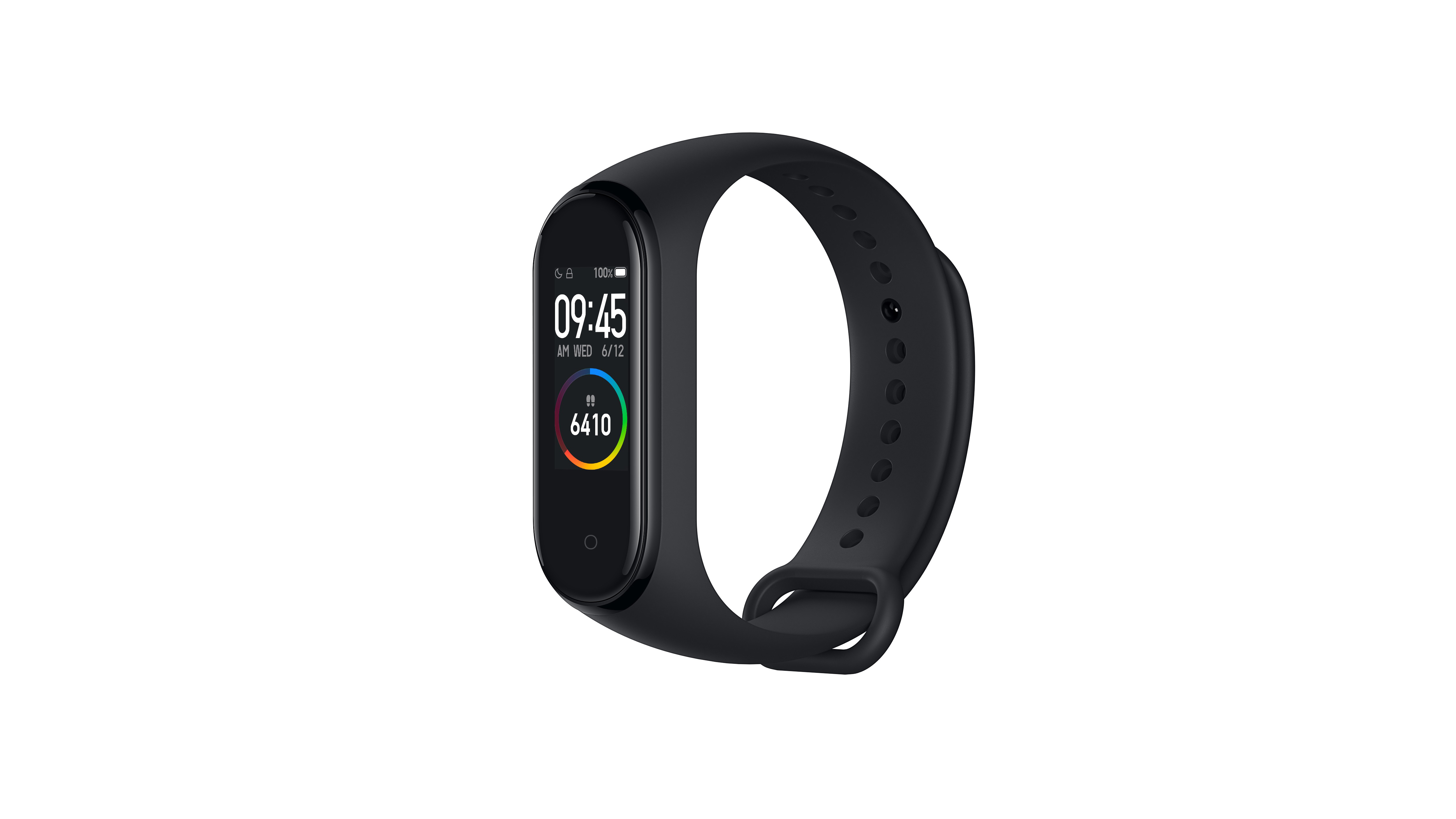 Eine schwarze Fitness-Tracker-Uhr mit einem rechteckigen Bildschirm, der Zeit und Aktivitätsdaten anzeigt.