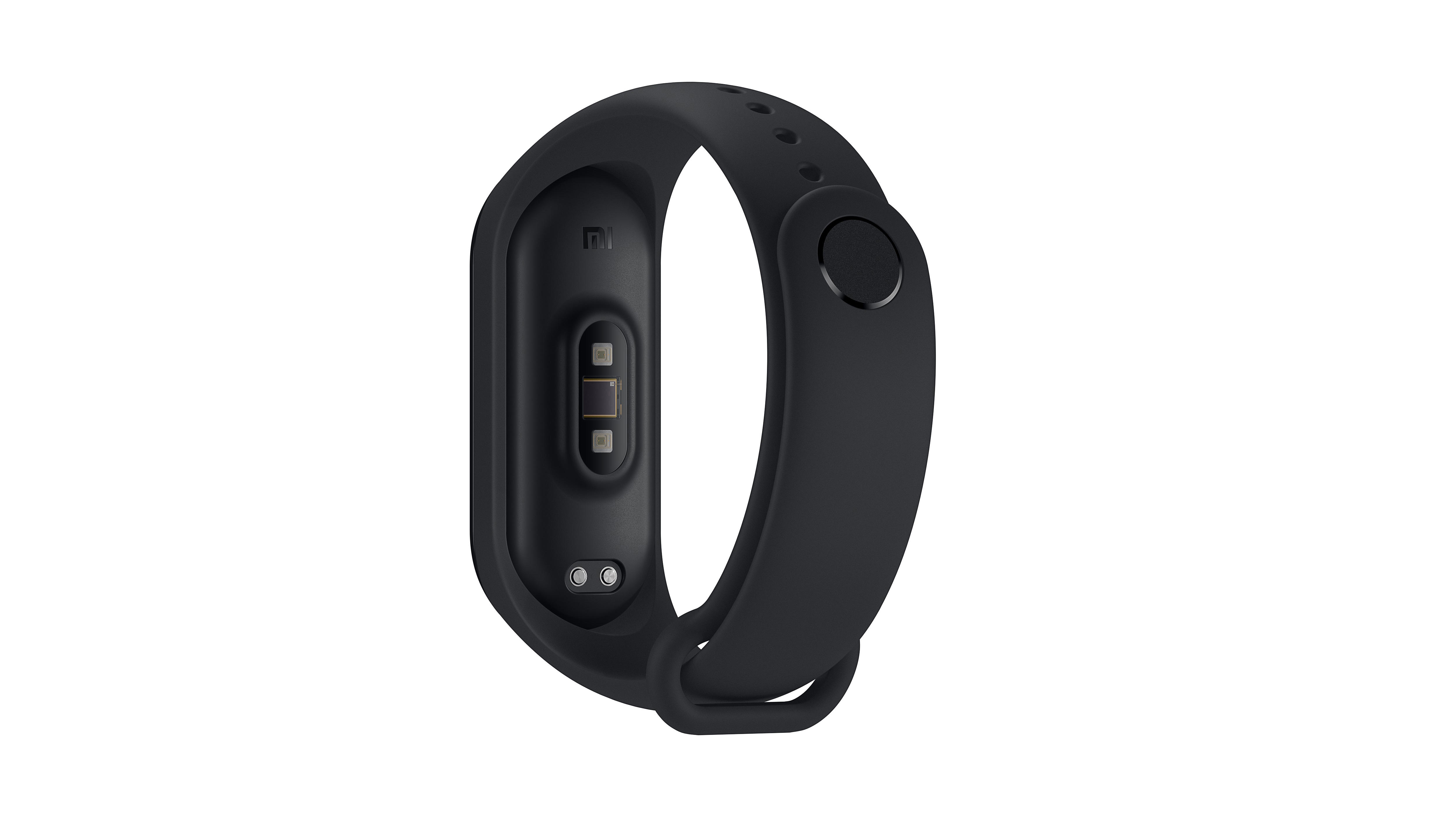 Ein schwarzes Fitness-Tracker-Armband. Die Rückseite ist sichtbar, mit Sensoren und einem Knopf.