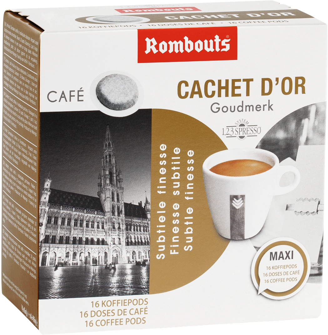 Doosje koffiepads met stadsgezicht, witte kop en tekst 'CACHET D'OR'.
