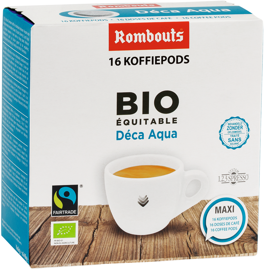 Boîte de dosettes de café Rombouts. Boîte blanche avec texte, une image de tasse à café et un logo bleu et blanc.