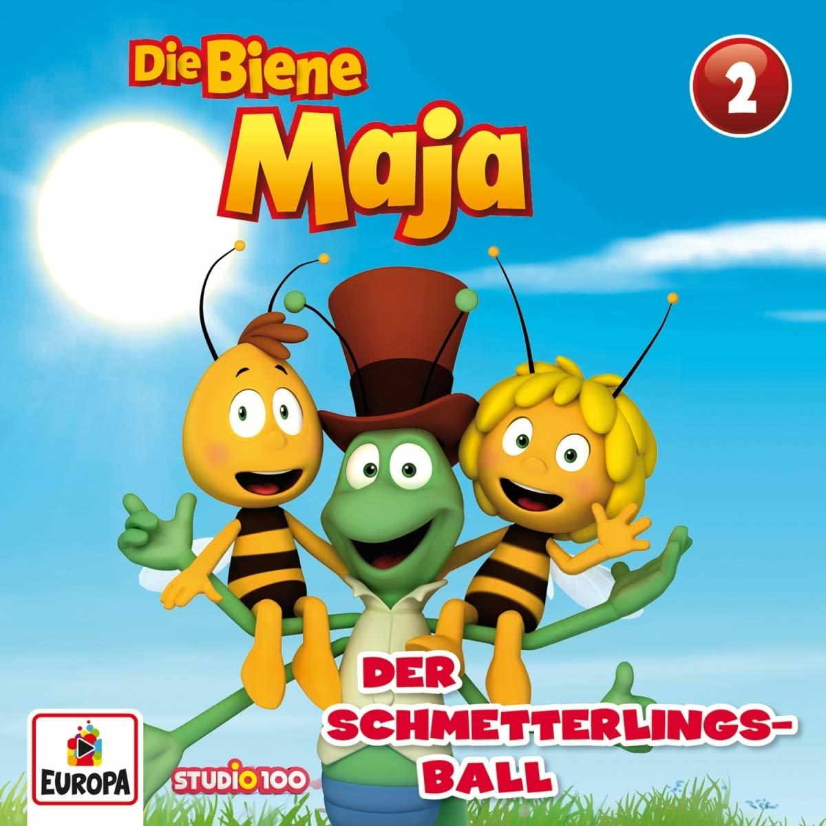Cartoonbild von Biene Maja und ihren Freunden auf einem Ast.