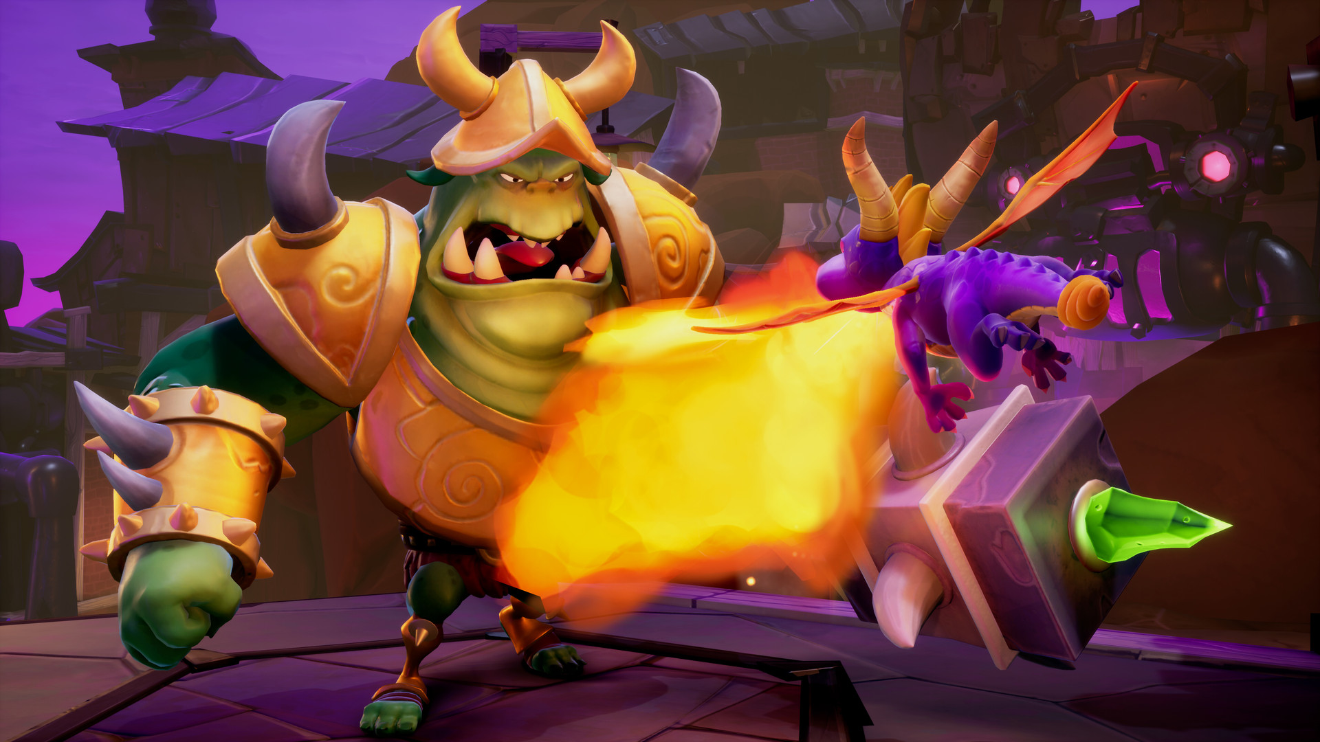 Eine Zeichentrickszene mit einem Drachen, der Feuer auf einen großen grünen Oger mit goldenem Helm speit.