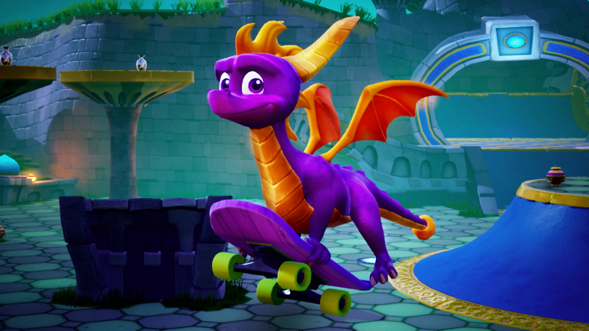 Spyro der Drache fährt in einer farbenfrohen Fantasy-Umgebung Skateboard.