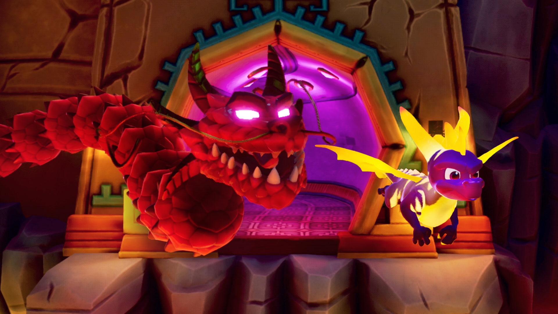 Zwei Drachen in einer Videospielszene. Einer rot, einer lila.