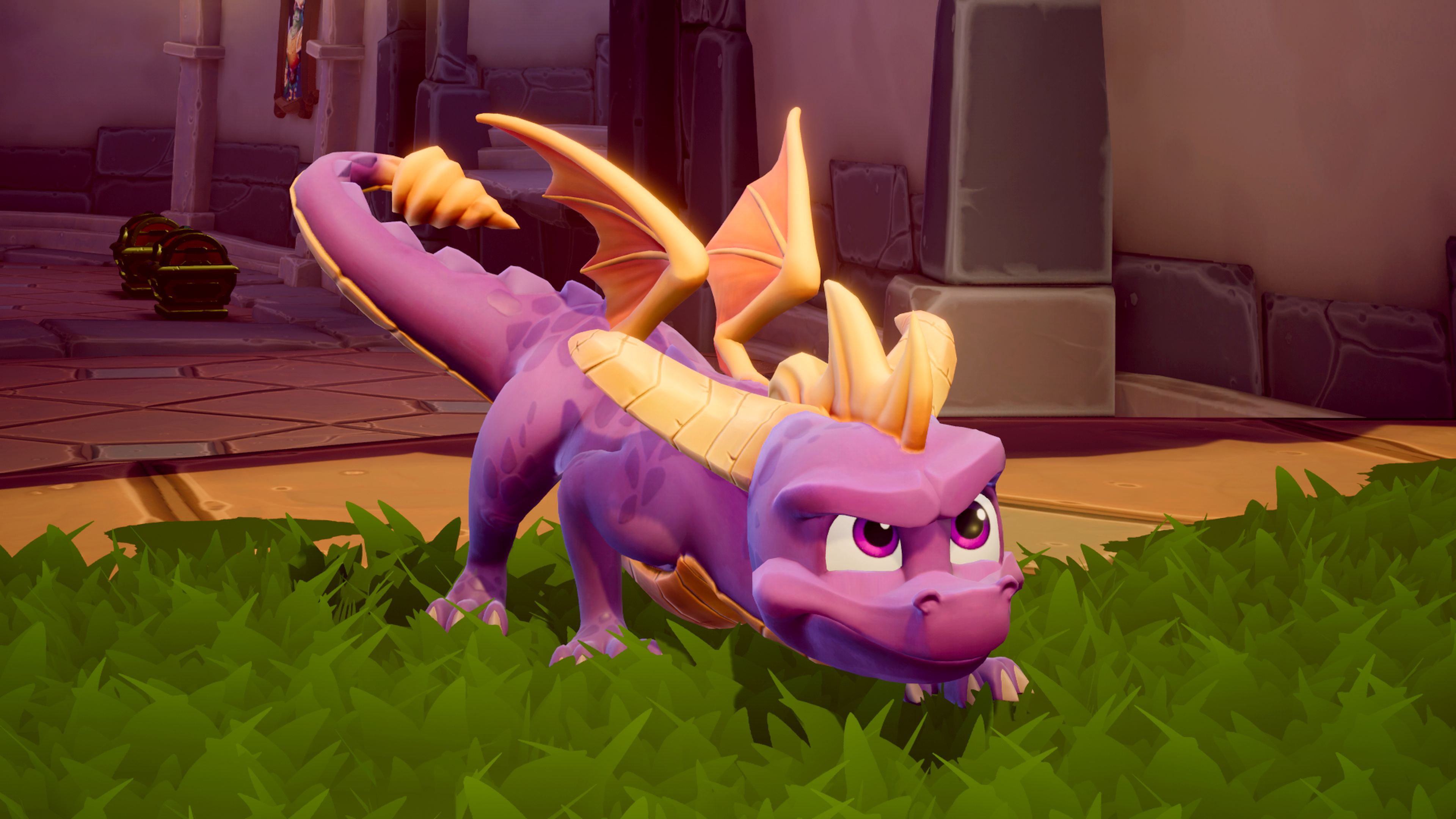 Ein lila Drachen-Charakter aus einem Videospiel, der auf grünem Gras steht, mit einer Burg im Hintergrund.