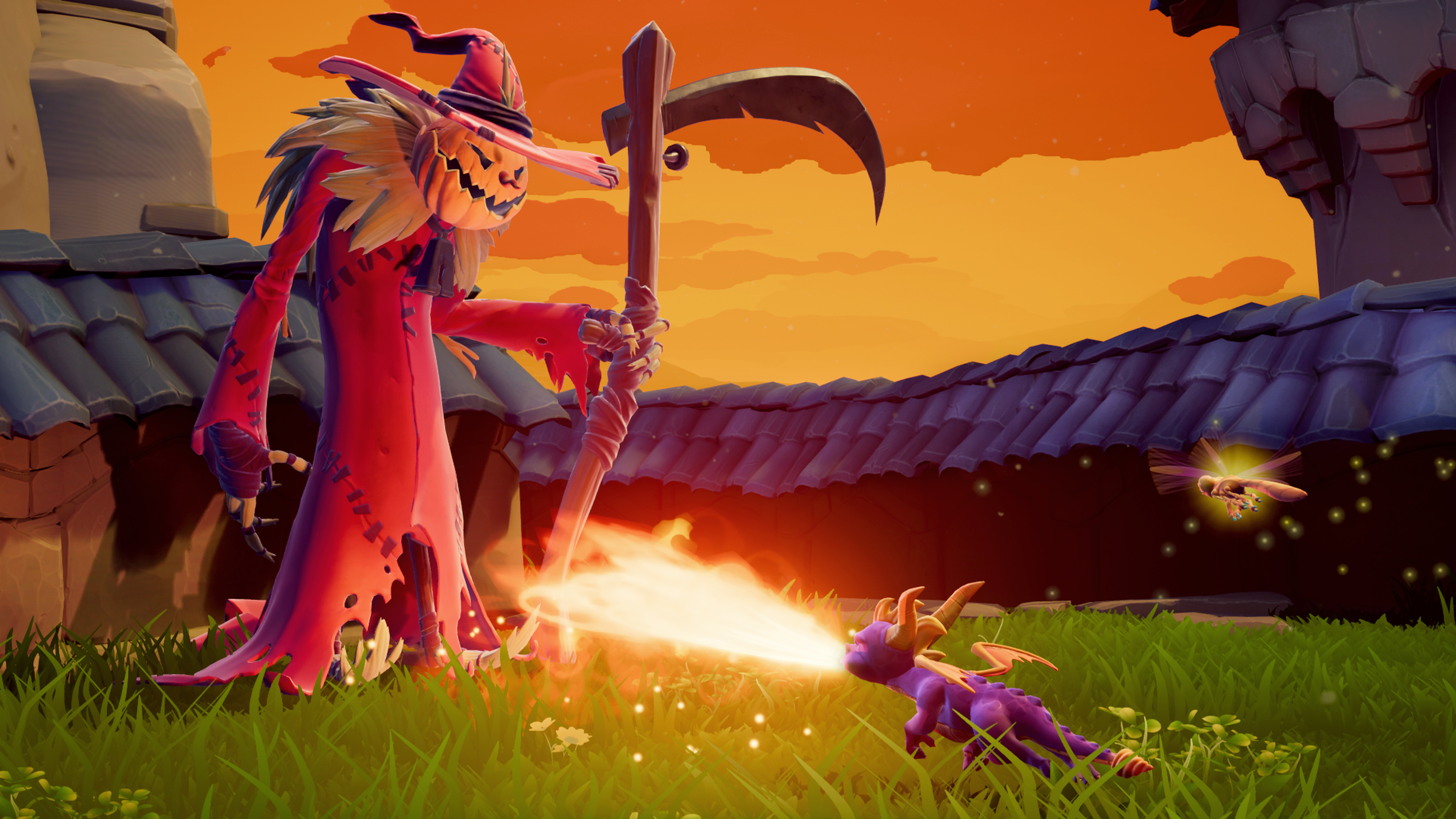 Eine Cartoon-Szene mit einer Vogelscheuche, die einem Drachen gegenübersteht, orangener Hintergrund.