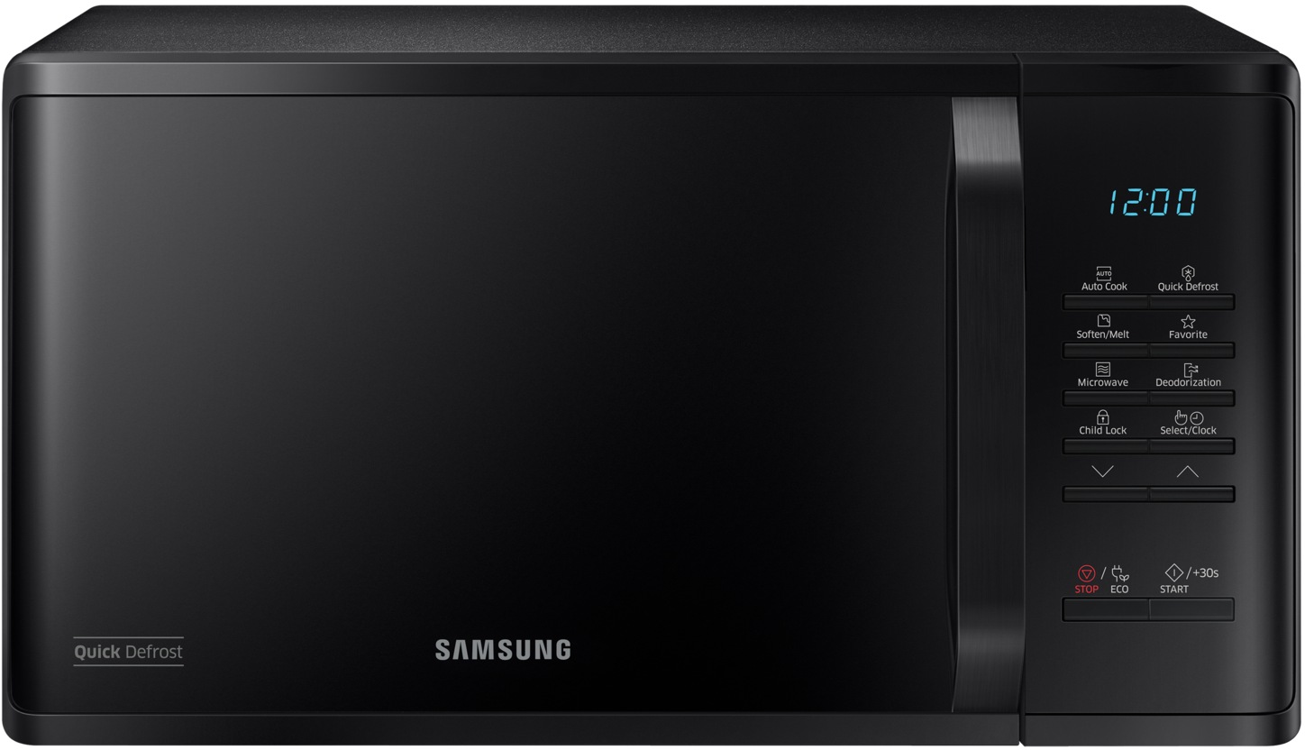 Zwarte Samsung magnetron. Met digitale klok en bedieningspaneel rechts.