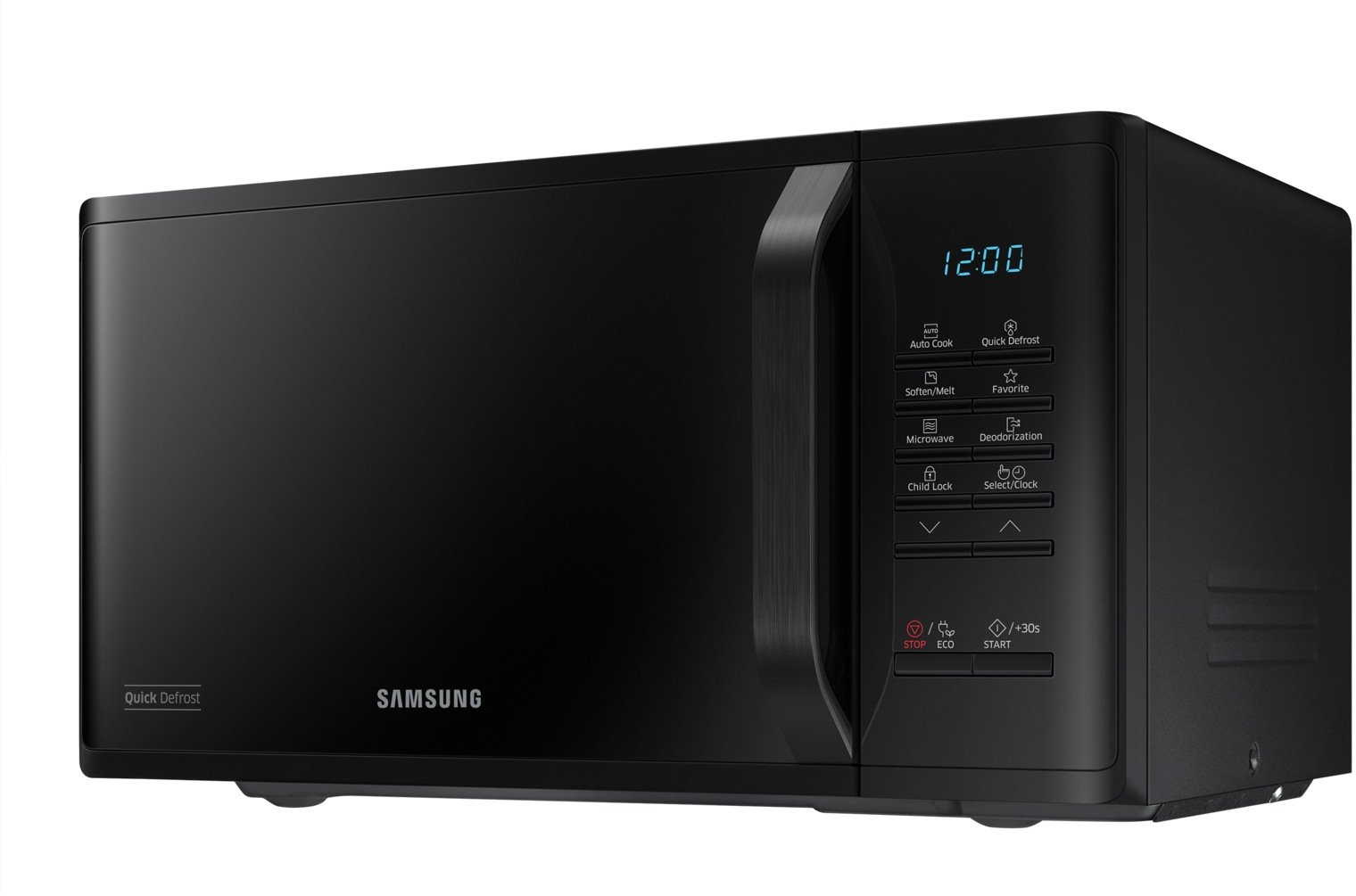 Zwarte Samsung magnetron met digitaal display en bedieningspaneel.