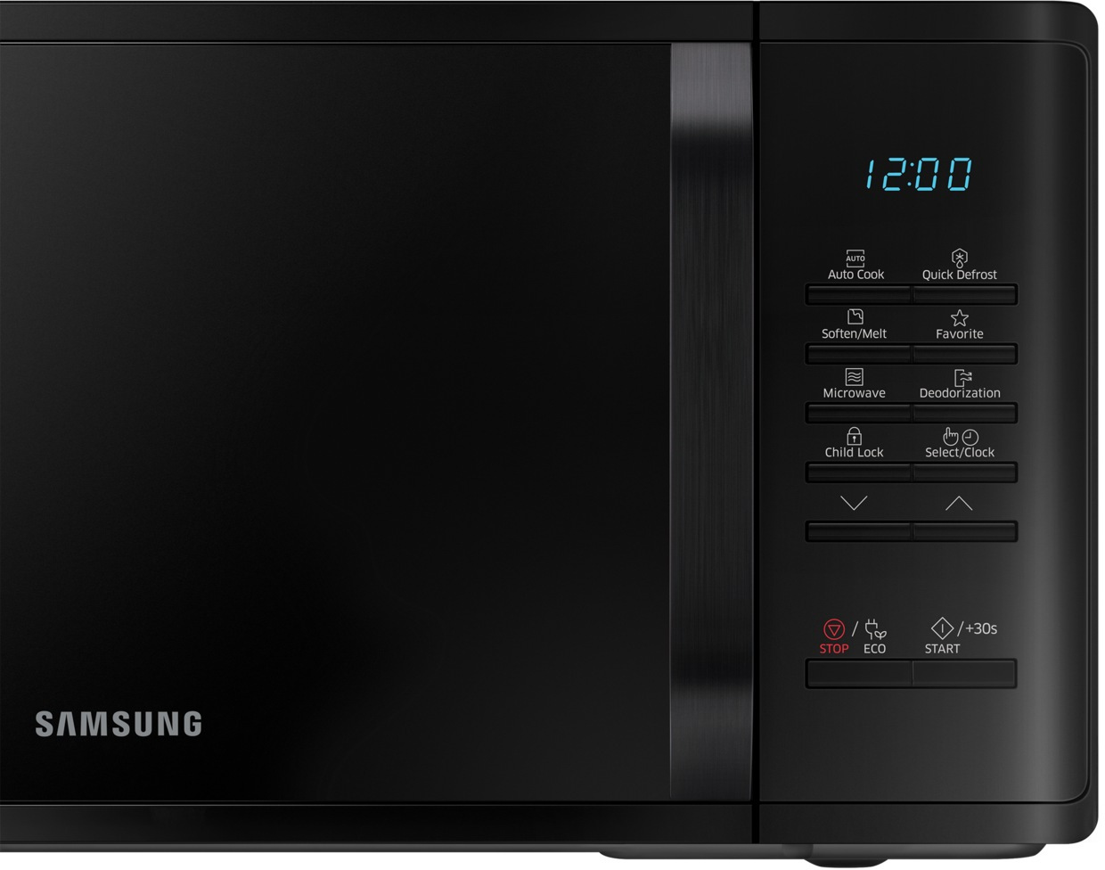 Zwarte magnetron met digitaal display en bedieningspaneel, op een witte achtergrond.