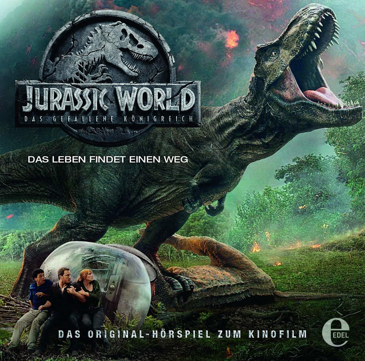 Jurassic World-Filmplakat. Ein T-Rex brüllt. Menschen in einer Glaskugel. Text: Das Leben findet einen Weg.