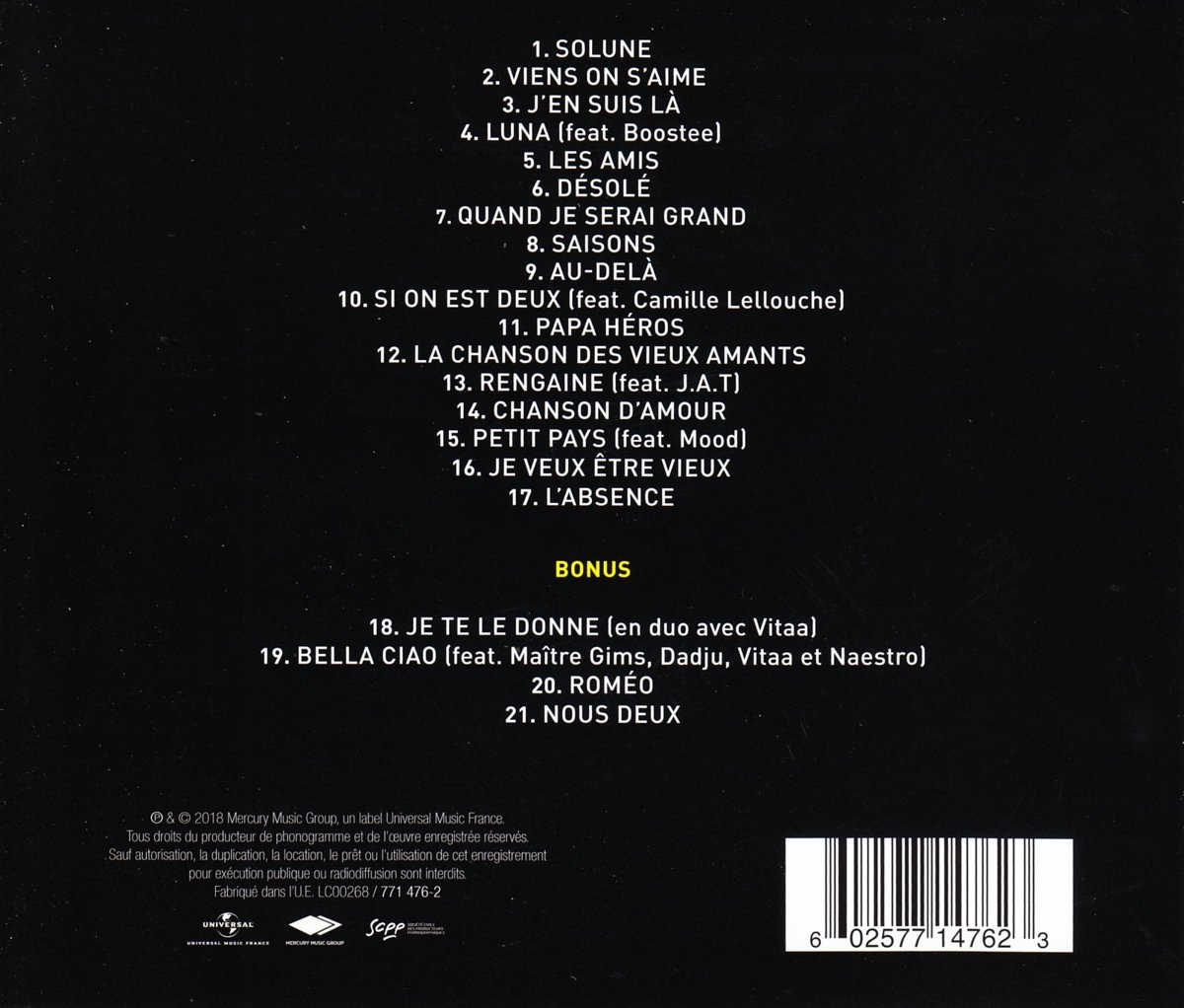Liste des pistes CD sur fond noir. Titres des chansons et crédits visibles. Texte en blanc.