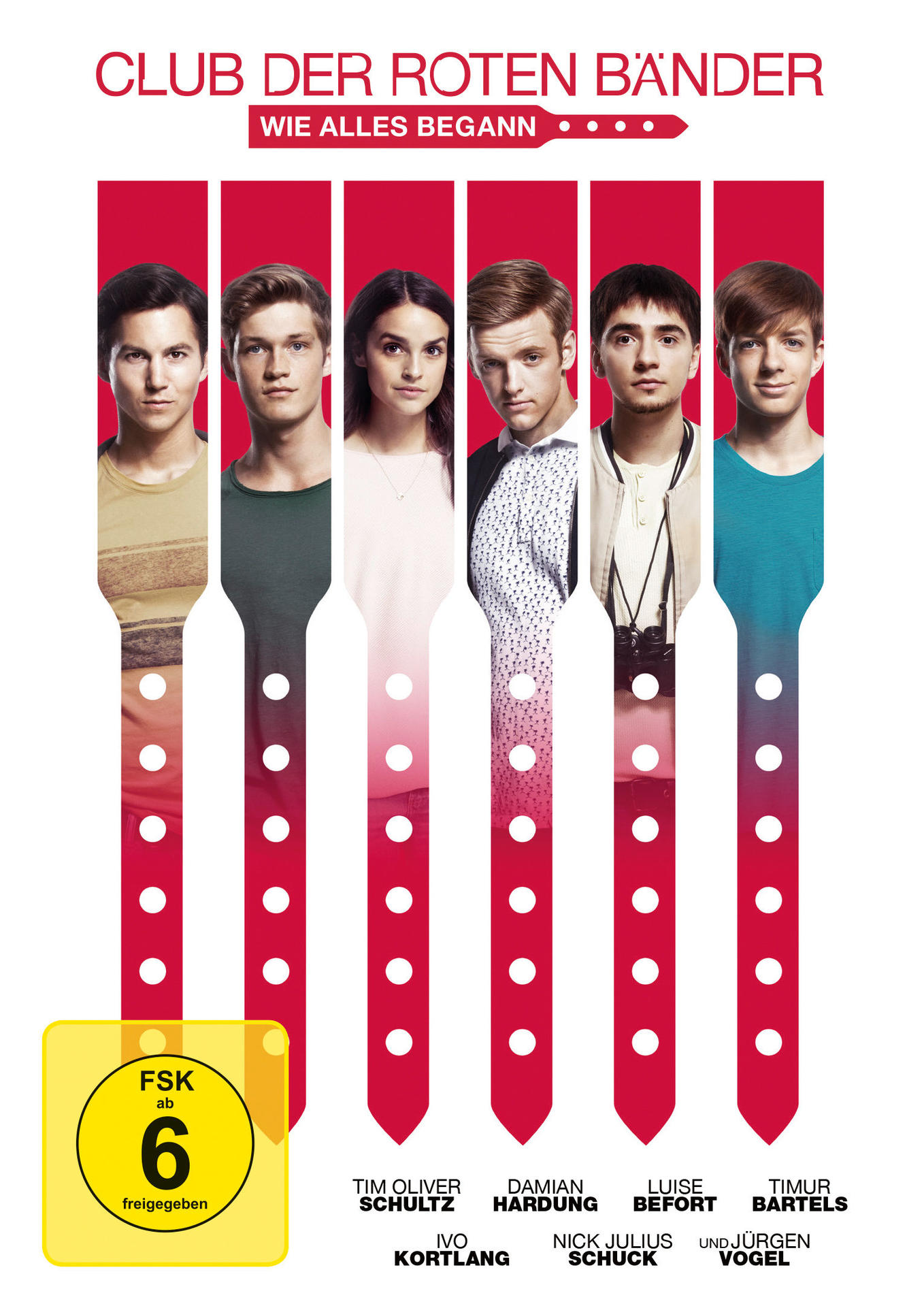 DVD-Cover mit Fotos von sechs jungen Erwachsenen und dem Text 'Club der roten Bänder'.