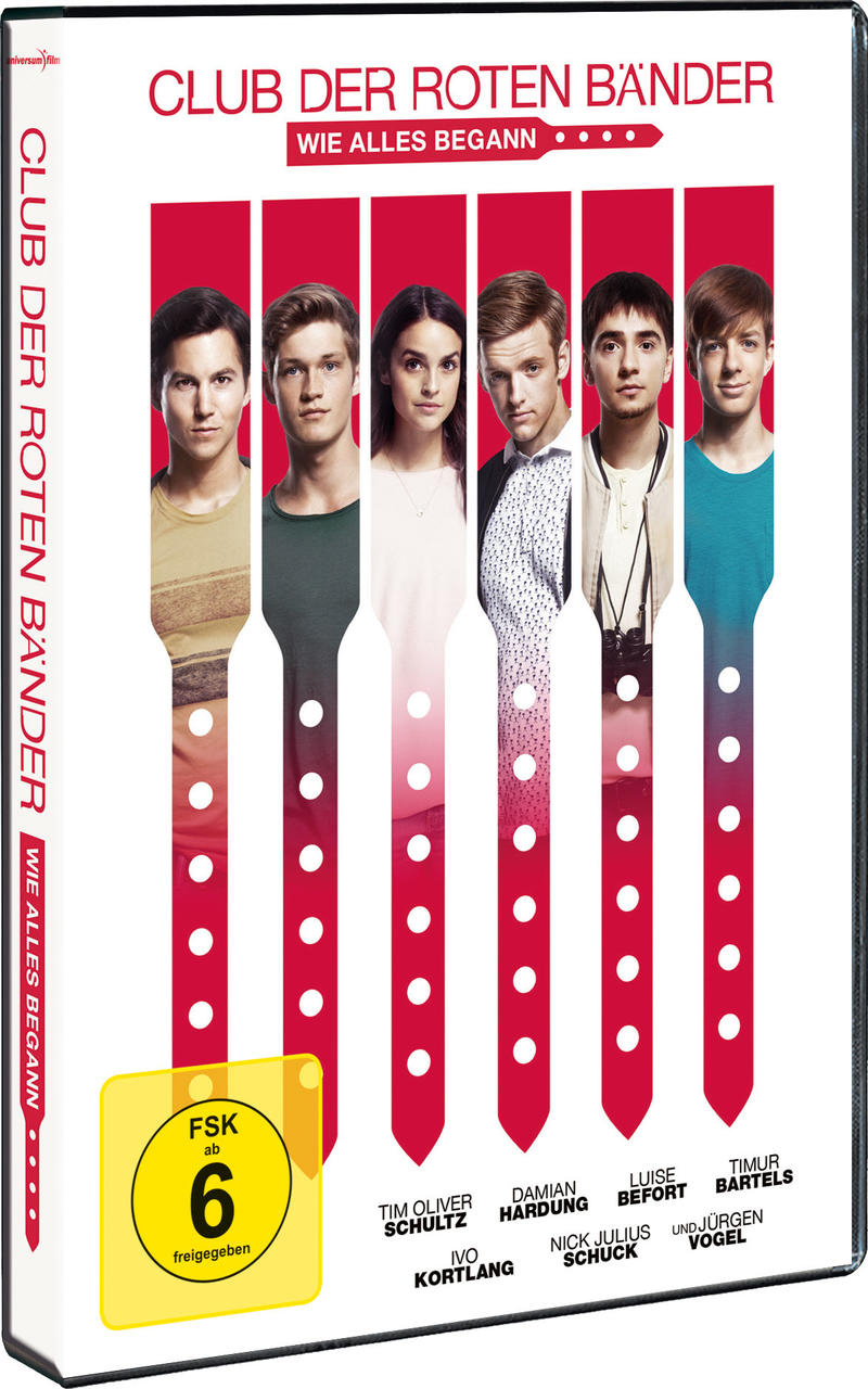 DVD-Cover: sechs Gesichter, Titel 'Club der roten Bänder', rotes Design.