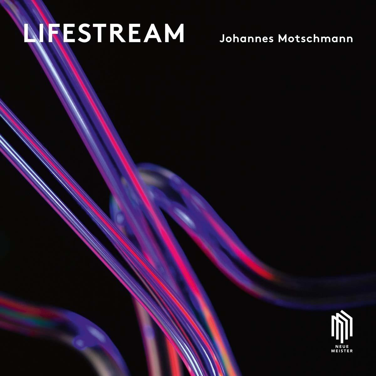 Abstrakte Kunst mit fließenden, neonfarbenen Linien auf schwarzem Hintergrund. Text: 'Lifestream'.