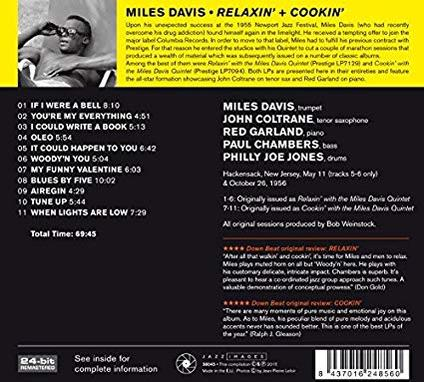 Rückseite des Miles Davis Albums 'Relaxin' + Cookin', mit Trackliste und Text.