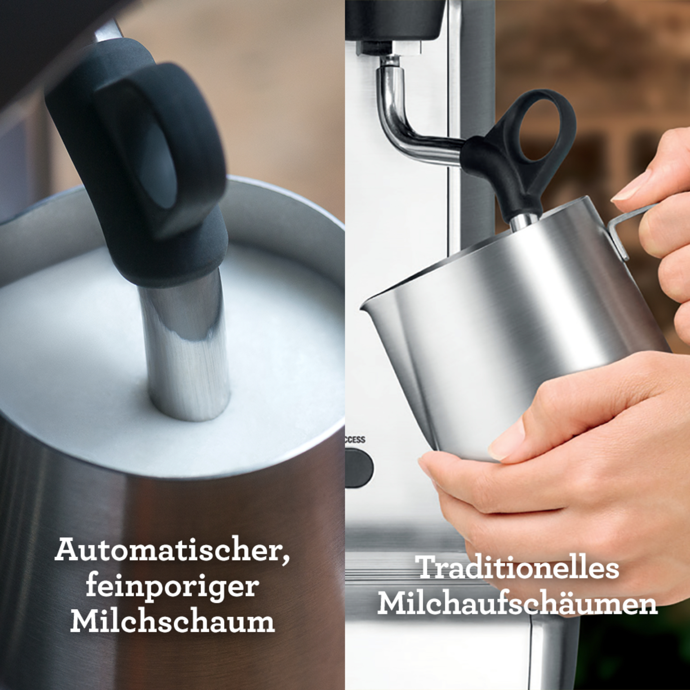 Bild geteilt, zeigt links automatisches Milchaufschäumen und rechts traditionelles Aufschäumen.