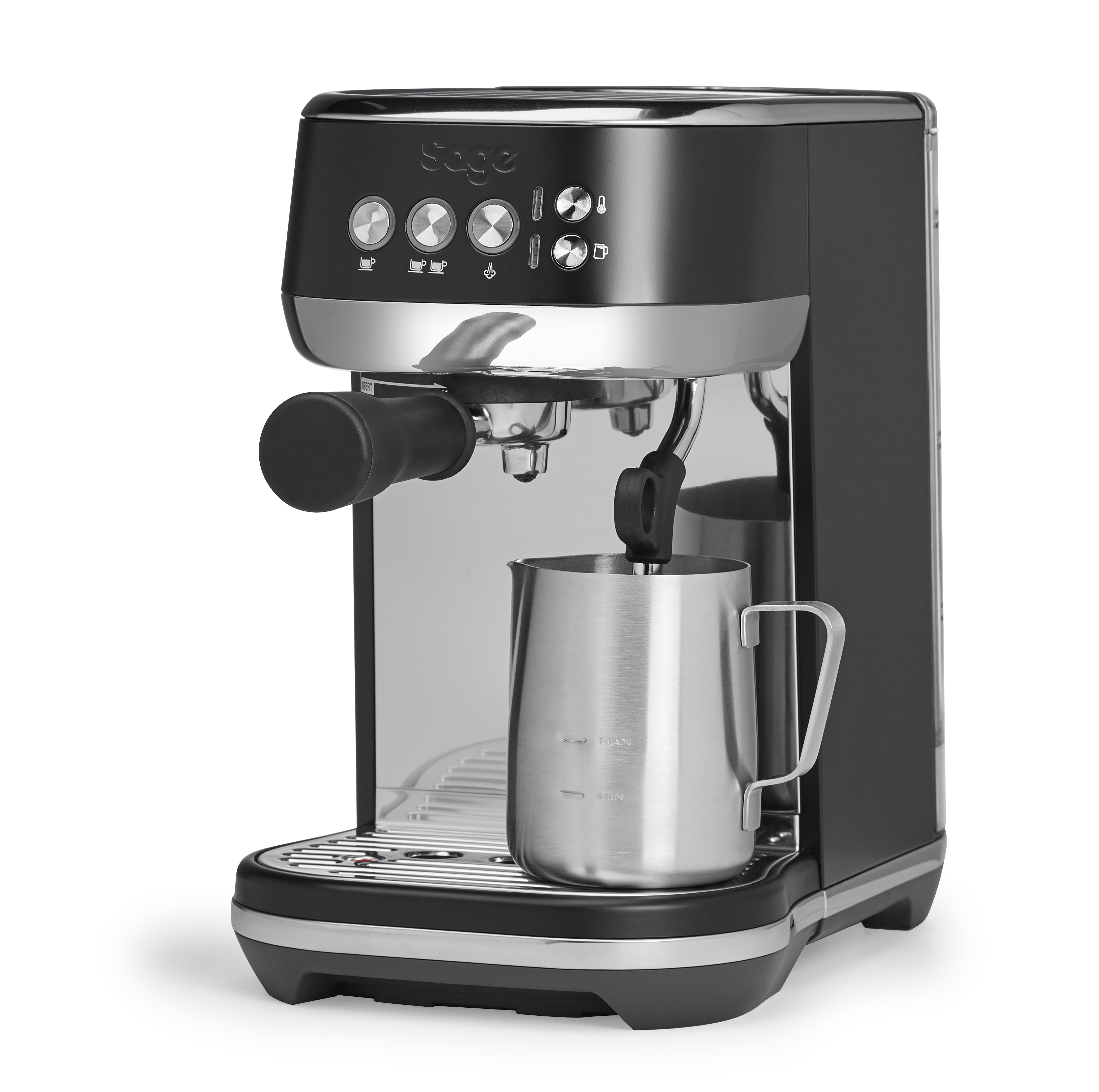 Schwarze und silberne Espressomaschine mit Milchaufschäumpitcher.