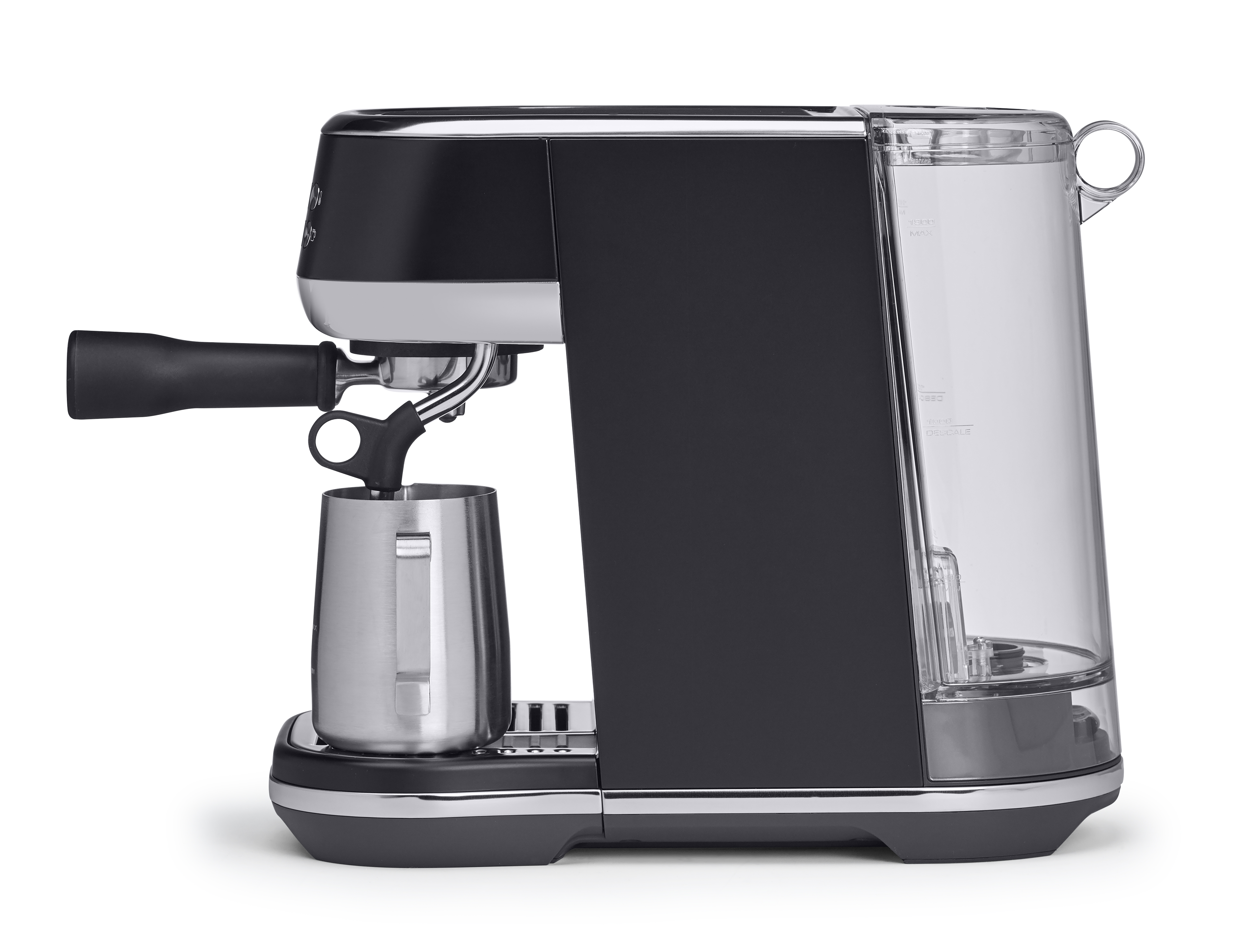 Schwarz-silberne Espressomaschine mit Wassertank und Milchaufschäumkanne.
