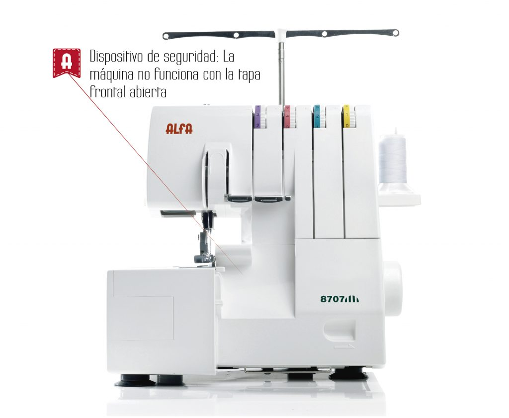 Máquina de coser Alfa blanca sobre fondo blanco. Tiene perillas de colores y una bobina de hilo.