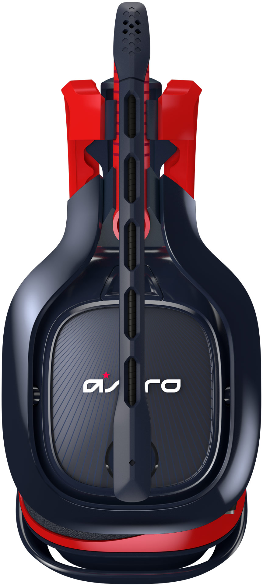 Fekete-piros gamer fejhallgató felülnézete, fehér háttér.