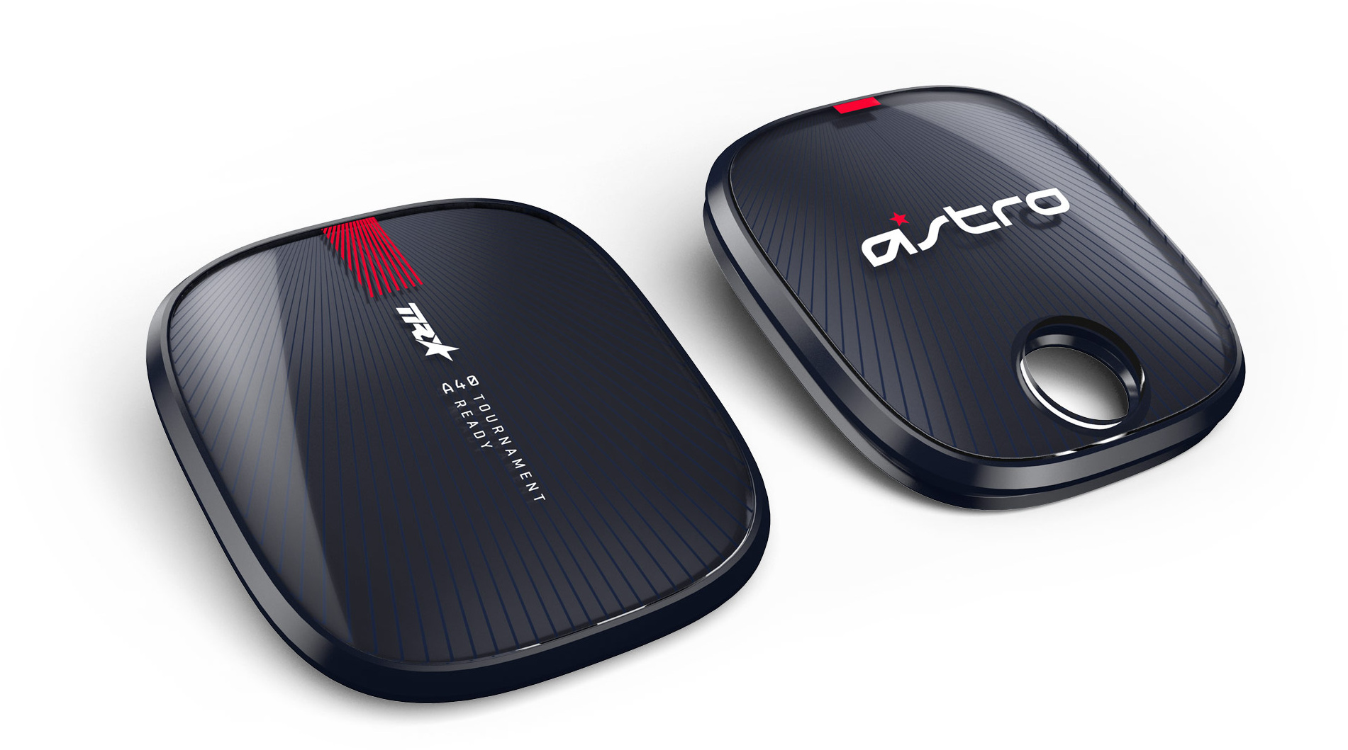 Két fekete Astro TRX versenyre kész játék. Oválisak, és logók vannak rajtuk.