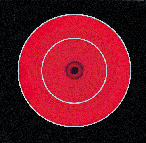A red vinyl record with a white label. The record is on a black background. The label has rings.
