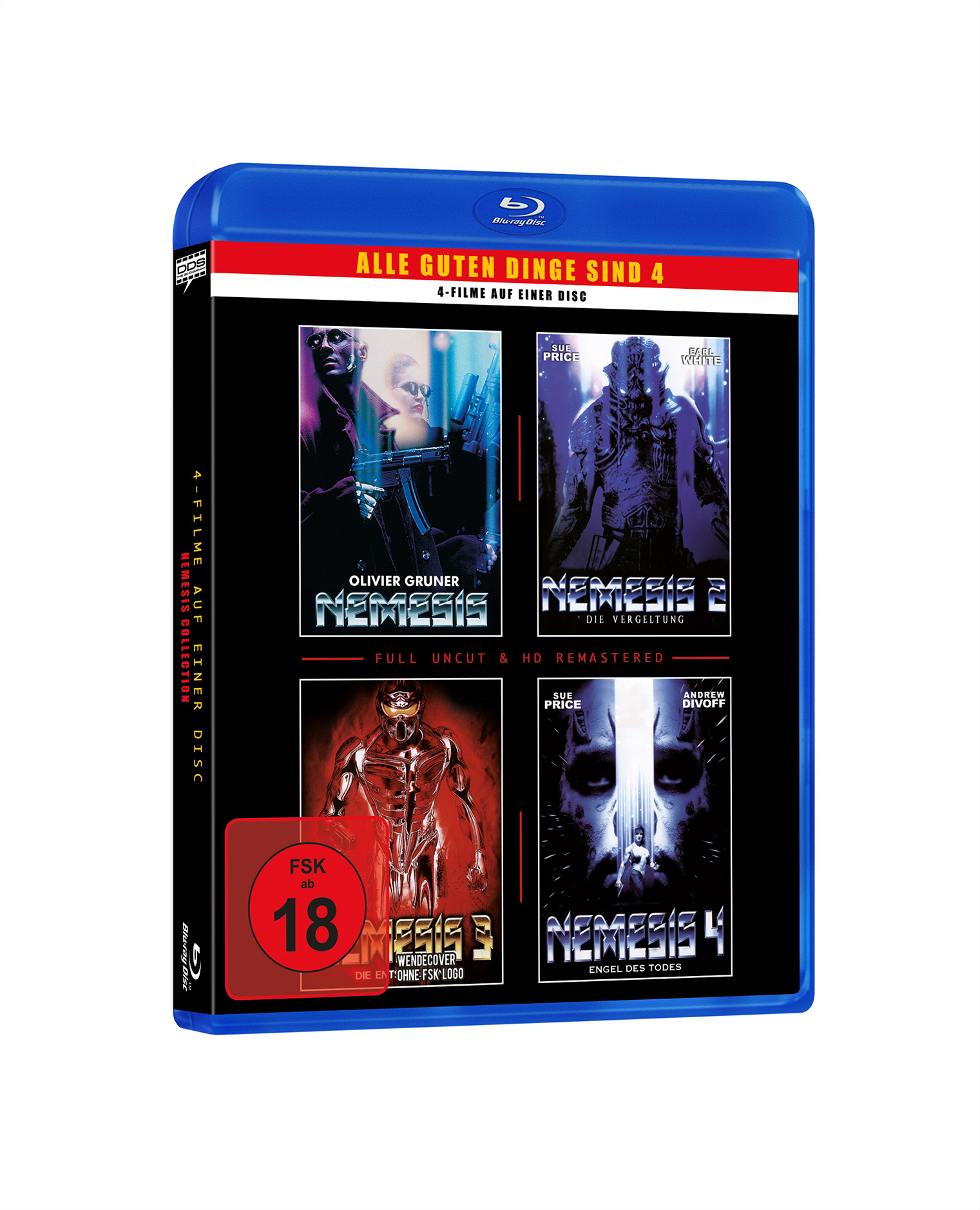 Blaue Blu-ray-Filmhülle mit vier Nemesis-Filmen. Titel und Bilder auf der Hülle.