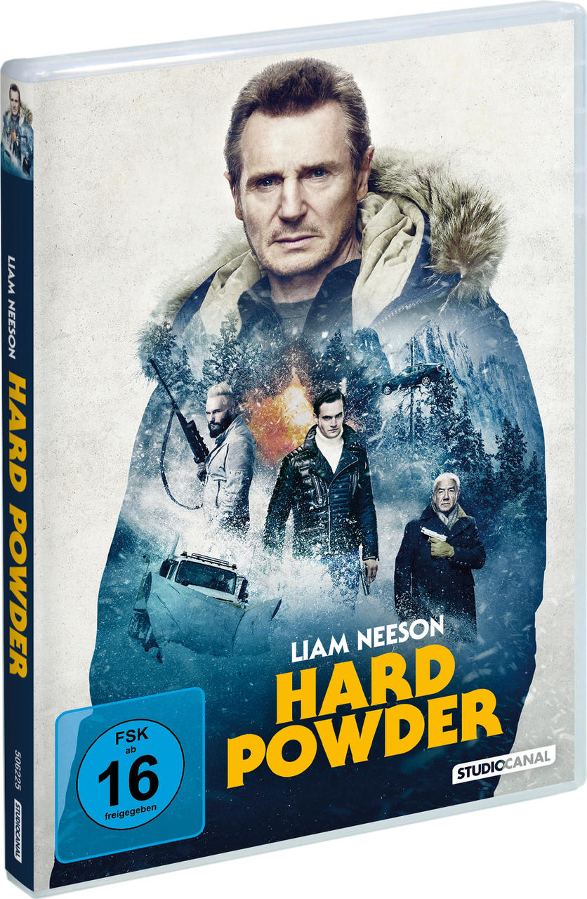 Film-DVD-Cover mit Liam Neeson. Schneebedeckter Hintergrund. Titel 'Hard Powder'.