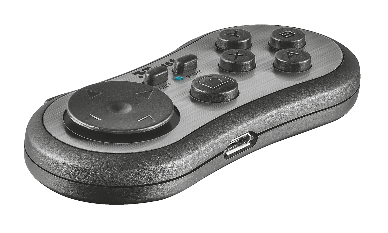 Een zwarte en zilveren gamecontroller. Het heeft knoppen voor richting, selecteren, starten en andere functies. Een USB-poort is zichtbaar.