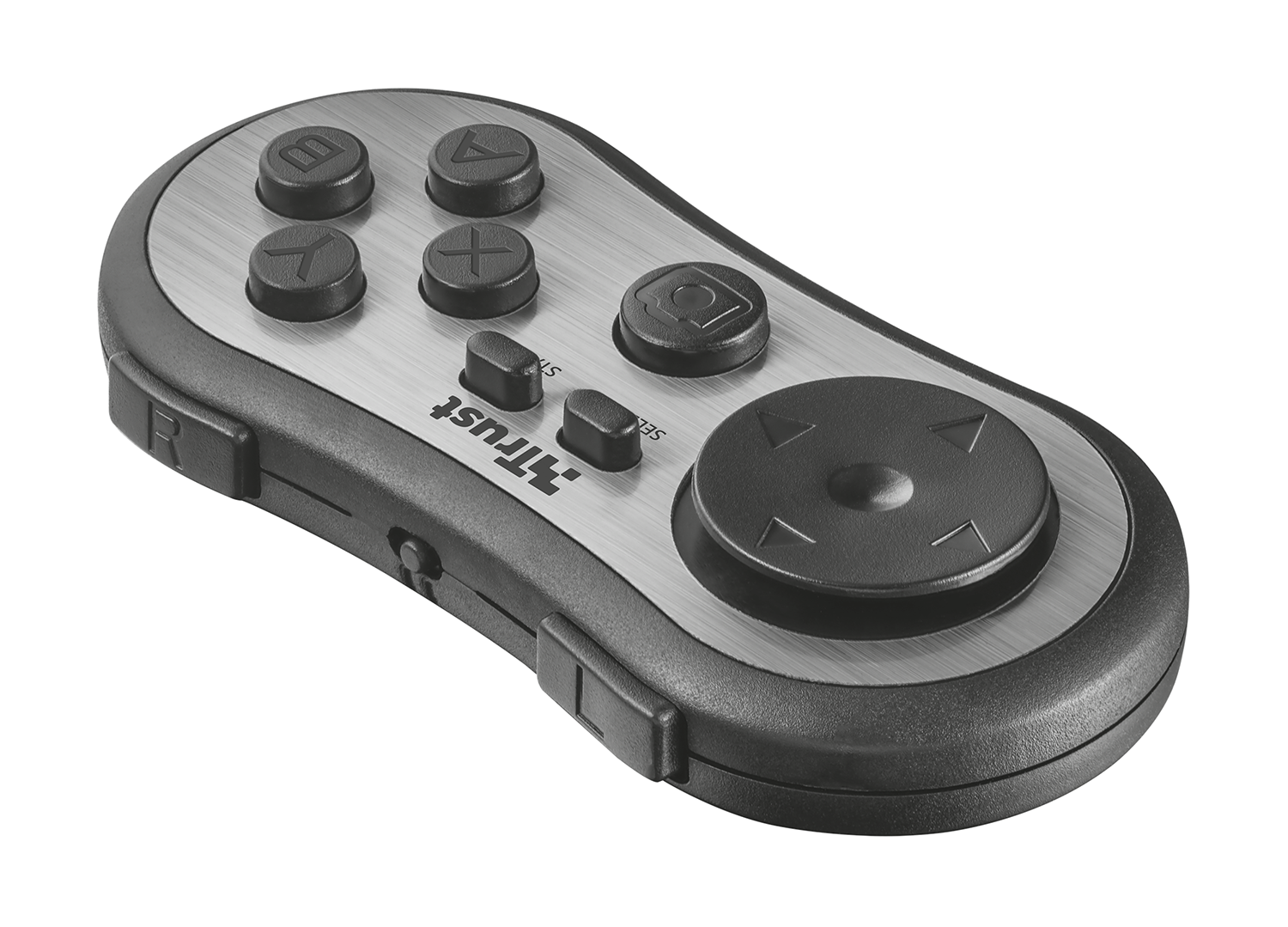Een draagbare, zwart-zilveren Trust gamecontroller. Het heeft knoppen, een D-pad en het Trust-logo.