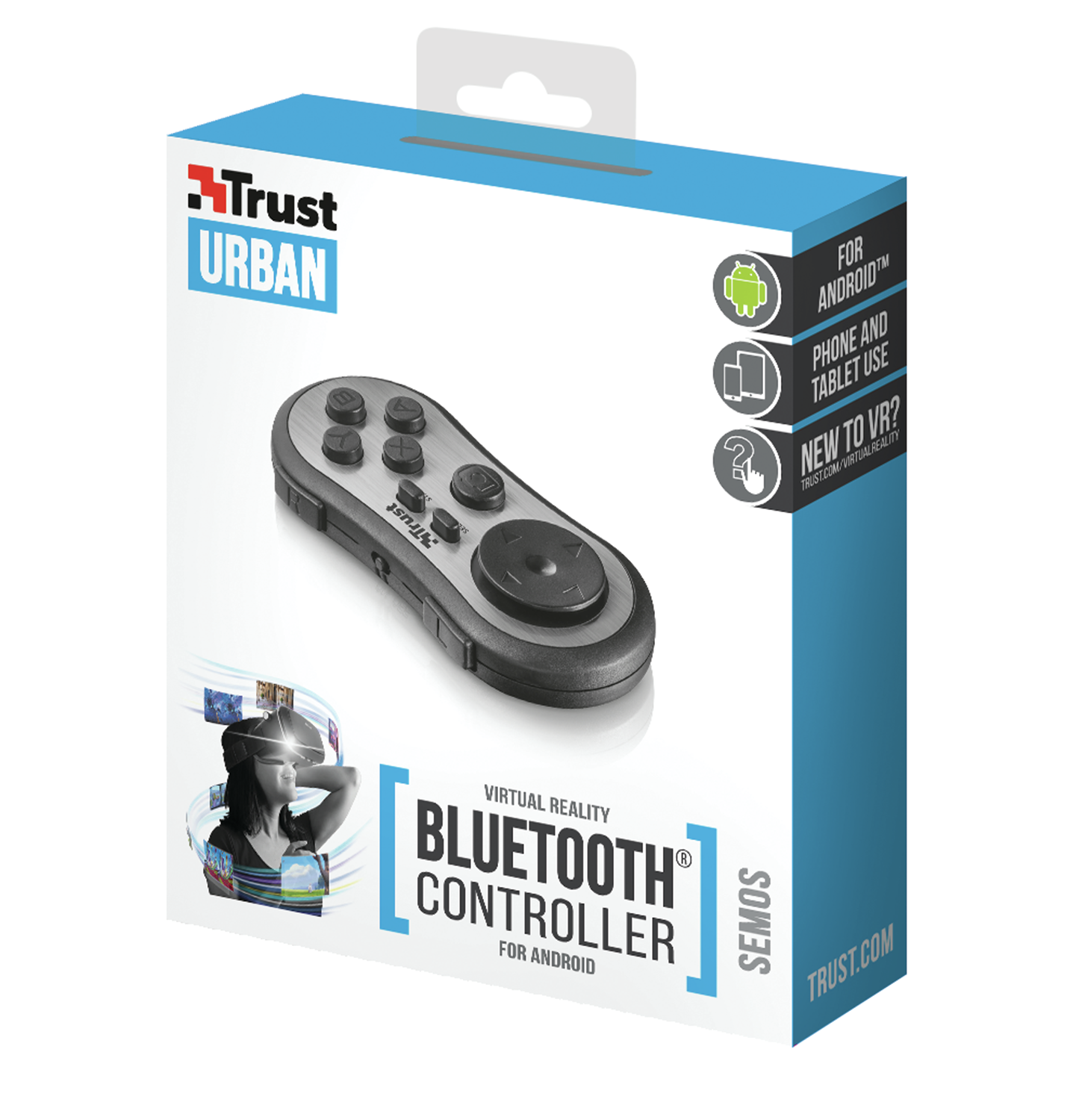 Een Trust Urban Bluetooth-controllerdoos. Het bevat de controller, Android-compatibiliteit en tekst voor VR-gebruik.