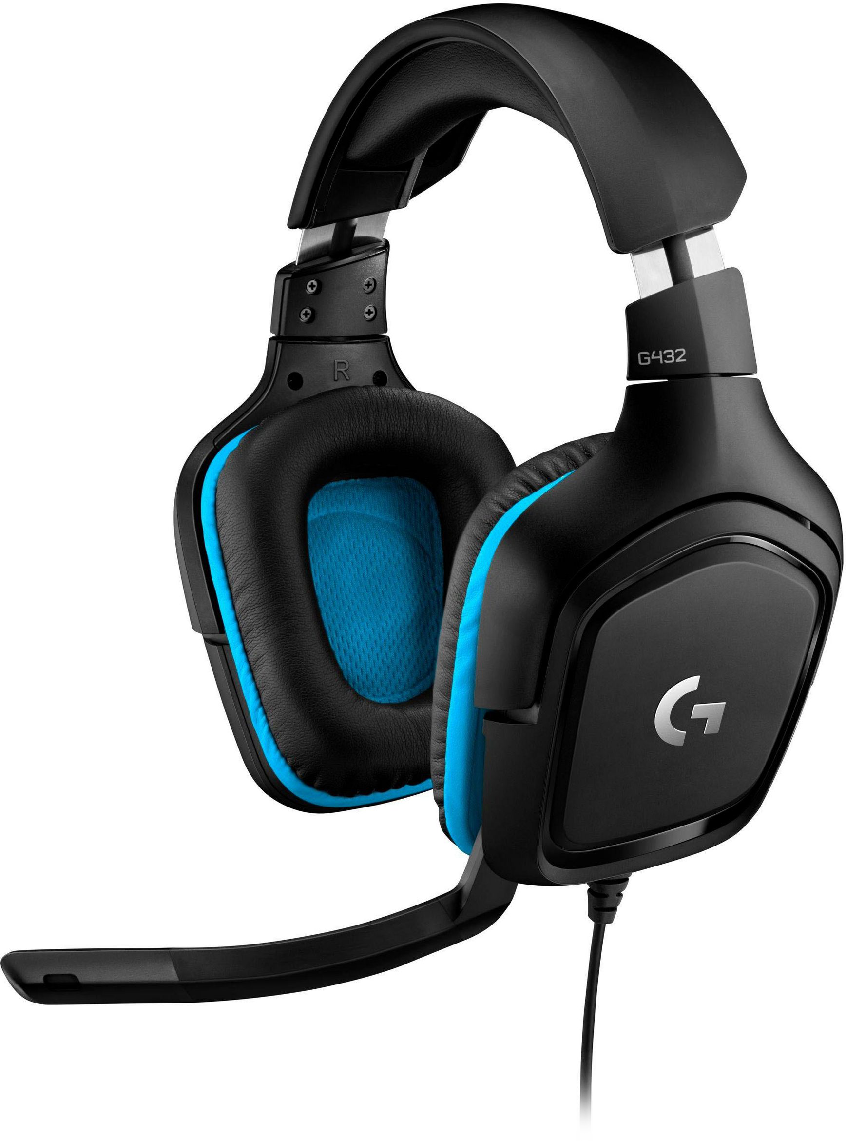 Fekete-kék gamer headset mikrofonnal és G betűvel.
