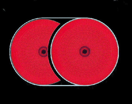Two red discs with a white outline on a black background. The discs are slightly overlapping.