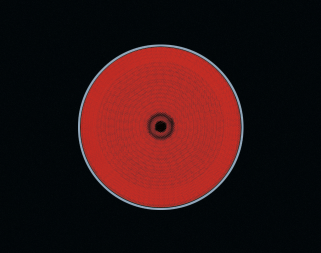 Red circle with a light gray border on a black background. Concentric lines inside.